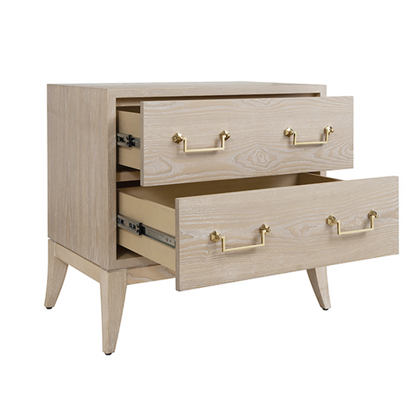Kenna Sabre Leg Two Drawer Side Table - Cerused Oak & Brass Sling Handles