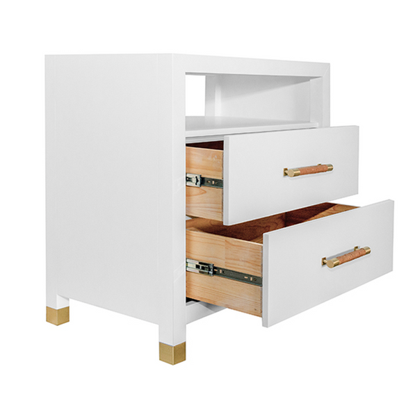 Hancock Two Drawer Side Table - Matte White, Natural Grasscloth, or Burlwood w/Rattan Wrapped Handles