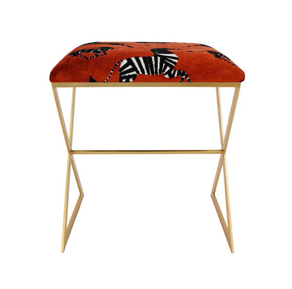 X Side Stool - Zebra in Red - Nickel or Gold