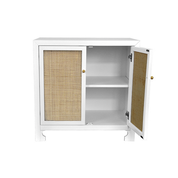 Alden Two Door Cabinet - Matte White Lacquer, Cane, & Brass Knobs