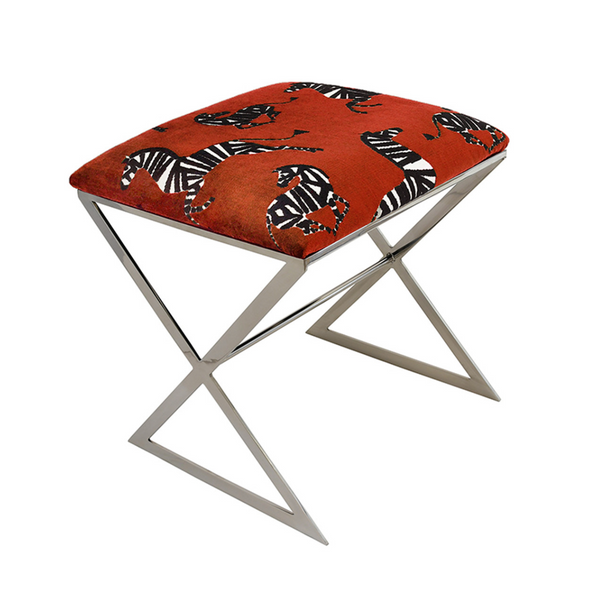 X Side Stool - Zebra in Red - Nickel or Gold