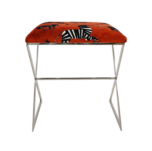 X Side Stool - Zebra in Red - Nickel or Gold
