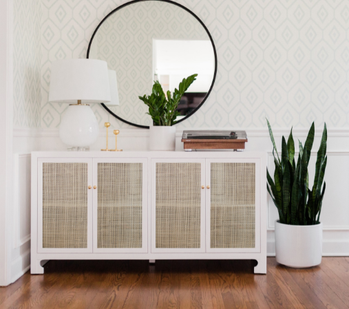 Sofia Matte White Lacquer & Cane Four Door Cabinet