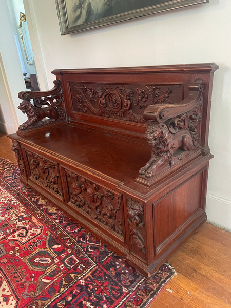 Antique Carved Mahogany and Oak Empire Bench