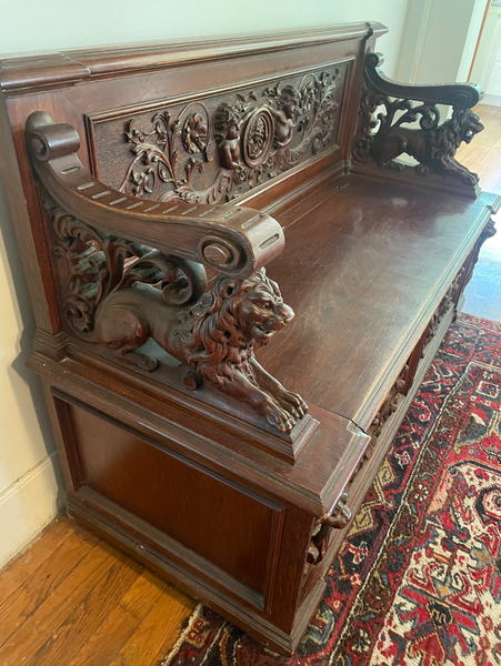 Antique Carved Mahogany and Oak Empire Bench