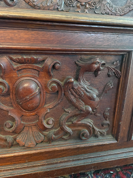 Antique Carved Mahogany and Oak Empire Bench