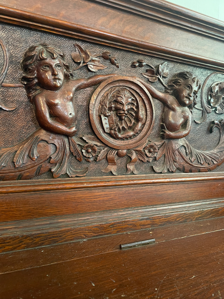 Antique Carved Mahogany and Oak Empire Bench