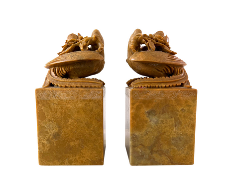 19th Century Carved Soap Stone Sculptures, Pheasants with Roses (2) - Matthew Izzo Home