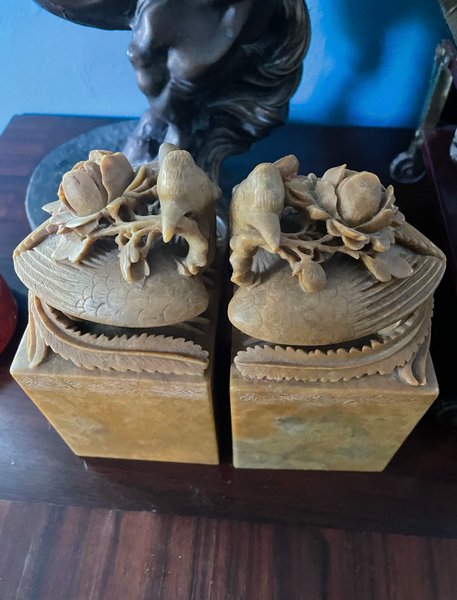 19th Century Carved Soap Stone Sculptures, Pheasants with Roses (2)