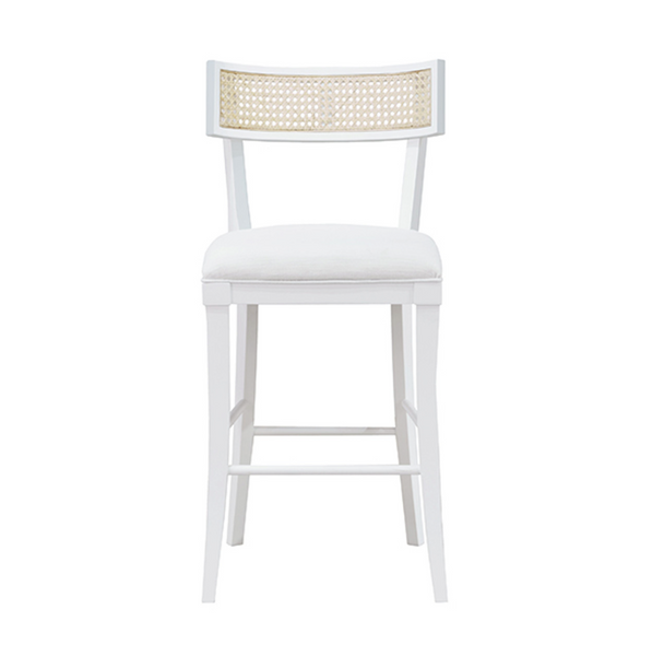 Britta Klismos Counter Stool - Matte White Lacquer, Linen & Cane