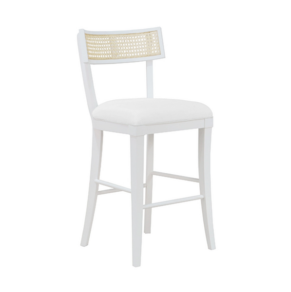 Britta Klismos Counter Stool - Matte White Lacquer, Linen & Cane
