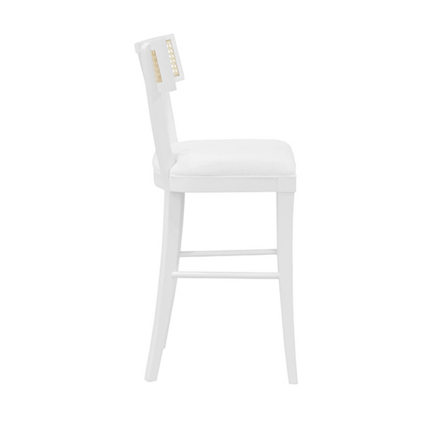 Britta Klismos Counter Stool - Matte White Lacquer, Linen & Cane