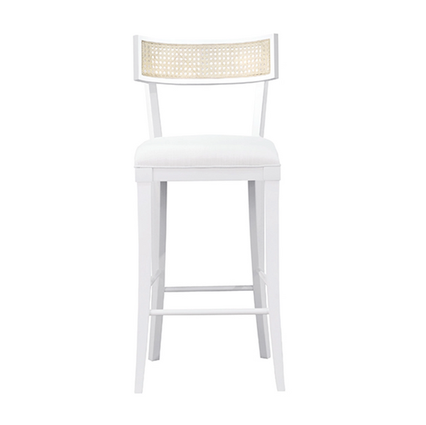 Britta Klismos Bar Stool - Matte White Lacquer, Linen & Cane