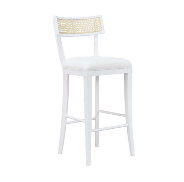 Britta Klismos Bar Stool - Matte White Lacquer, Linen & Cane