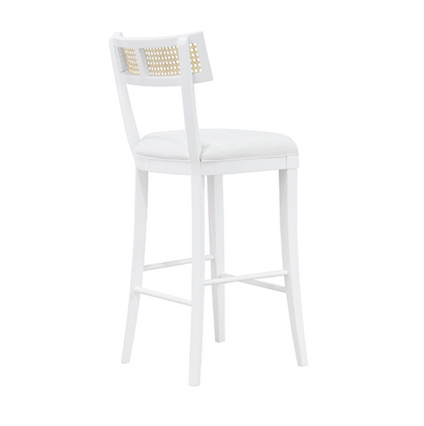 Britta Klismos Bar Stool - Matte White Lacquer, Linen & Cane