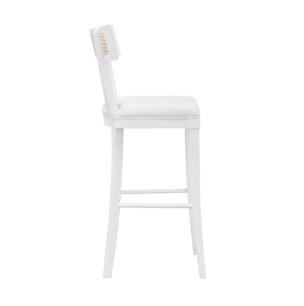Britta Klismos Bar Stool - Matte White Lacquer, Linen & Cane