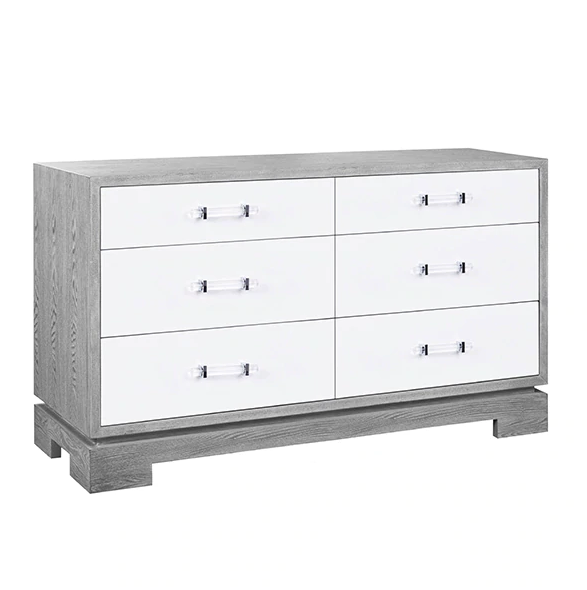 Crawford Mid-Century Modern Six Drawer Chest - Grey Cerused Oak w/Acrylic Handlees