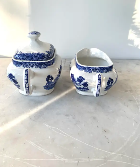 Vintage Blue Willow Creamer & Sugar Bowl w/Lid - Woods Ware