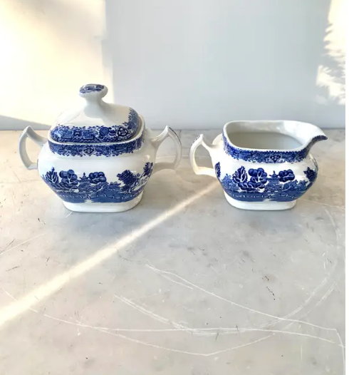 Vintage Blue Willow Creamer & Sugar Bowl w/Lid - Woods Ware