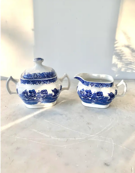 Vintage Blue Willow Creamer & Sugar Bowl w/Lid - Woods Ware