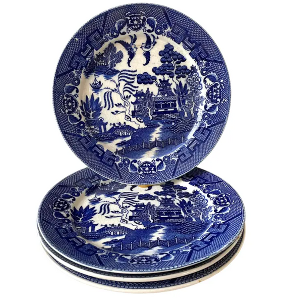 Antique Blue Willow Patterned Plates - Set of 4, 19th Century