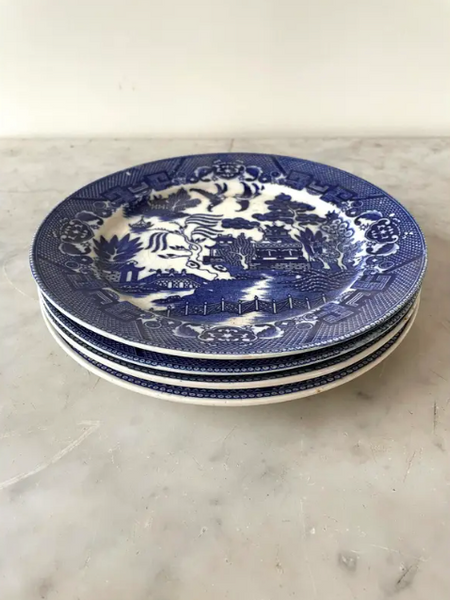 Antique Blue Willow Patterned Plates - Set of 4, 19th Century