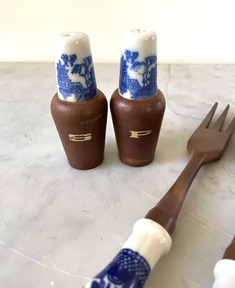 Vintage Blue Willow Serving Pieces - Salad Server, Salt and Pepper Shakers