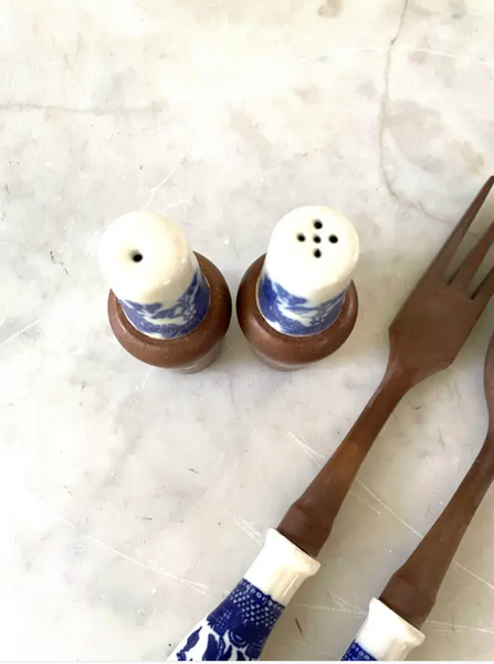 Vintage Blue Willow Serving Pieces - Salad Server, Salt and Pepper Shakers