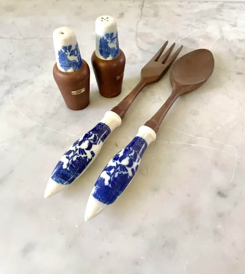 Vintage Blue Willow Serving Pieces - Salad Server, Salt and Pepper Shakers
