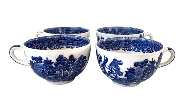 Antique Blue Willow Tea Cups - Set of 4, English