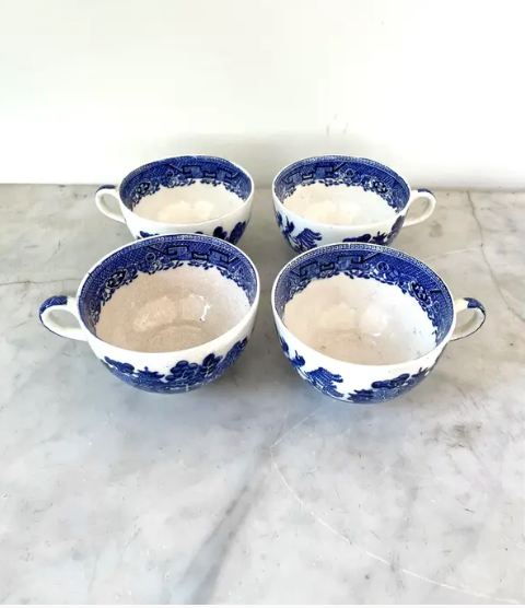 Antique Blue Willow Tea Cups - Set of 4, English