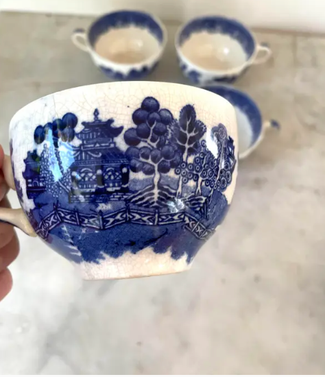 Antique Blue Willow Tea Cups - Set of 4, English