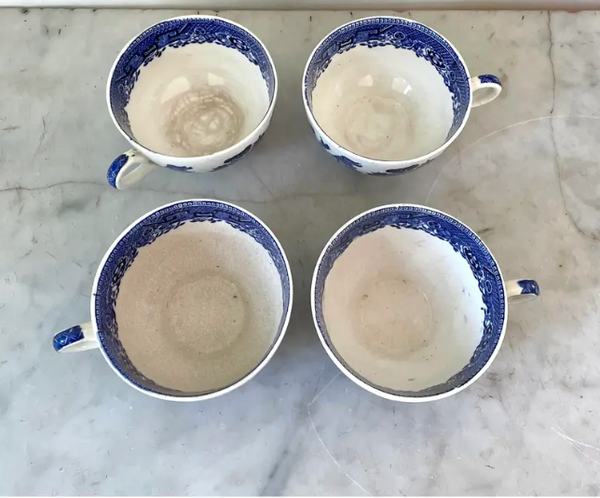 Antique Blue Willow Tea Cups - Set of 4, English
