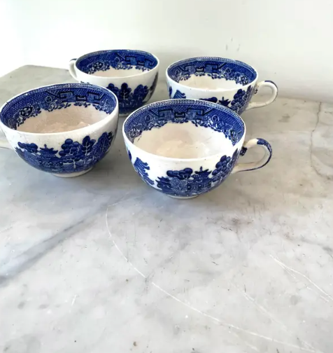 Antique Blue Willow Tea Cups - Set of 4, English