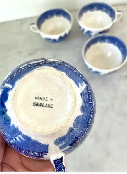 Antique Blue Willow Tea Cups - Set of 4, English