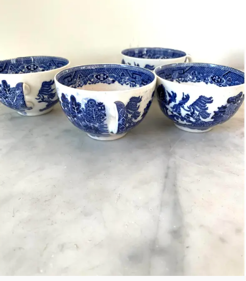 Antique Blue Willow Tea Cups - Set of 4, English