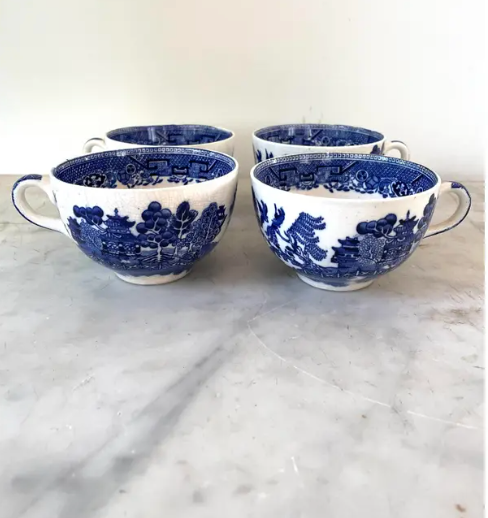 Antique Blue Willow Tea Cups - Set of 4, English