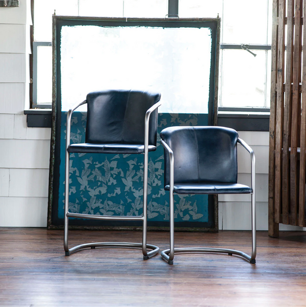Bergen Blue Leather & Metal Counter Stools, Set of 2 - Matthew Izzo Collection