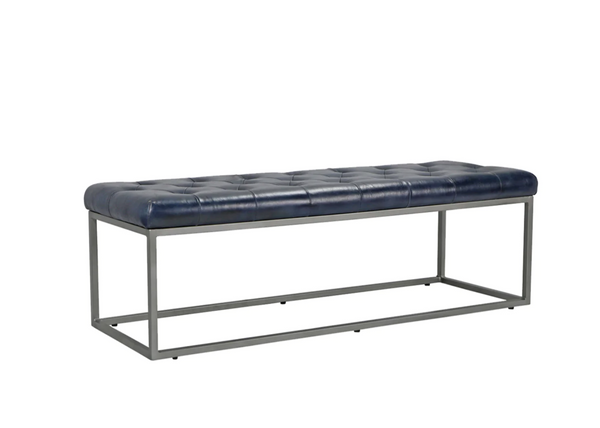 Bergen Tufted Blue Leather & Metal Bench - Matthew Izzo Collection