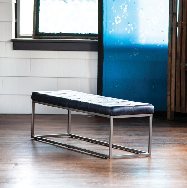 Bergen Tufted Blue Leather & Metal Bench - Matthew Izzo Collection