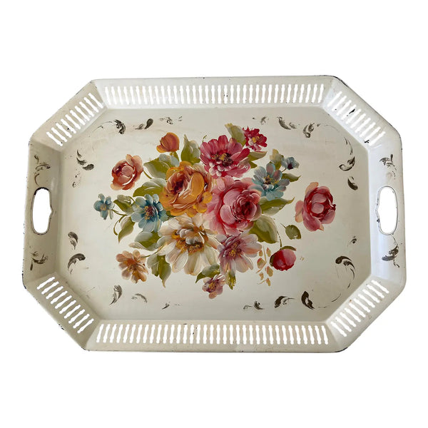 Antique Hand Painted Floral Metal Tray