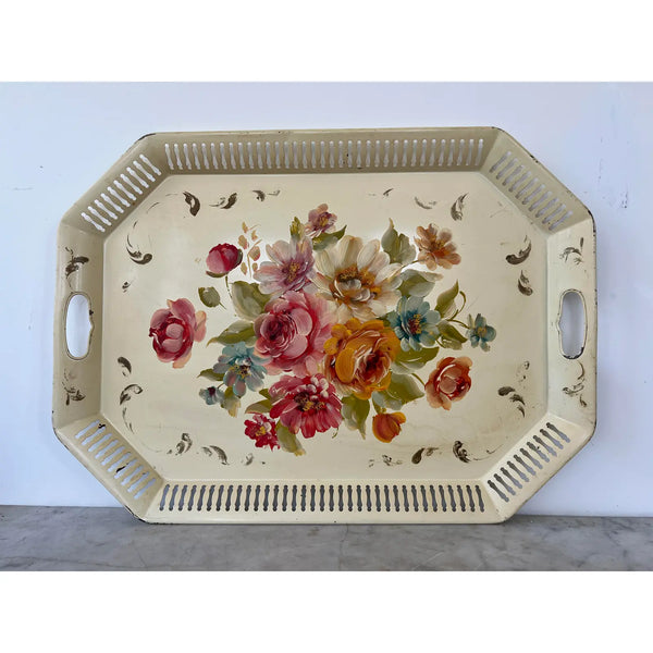 Antique Hand Painted Floral Metal Tray
