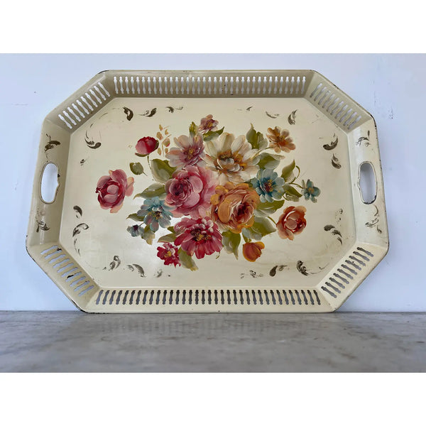 Antique Hand Painted Floral Metal Tray