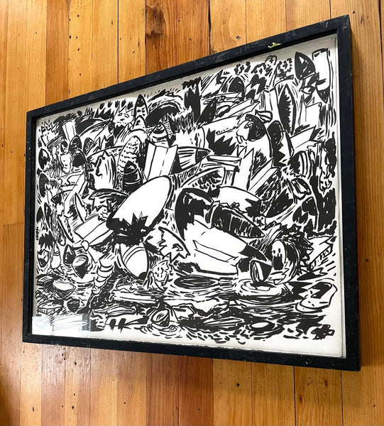 Kermit Oswald Ink On Paper Painting with Original Hand Made Frame