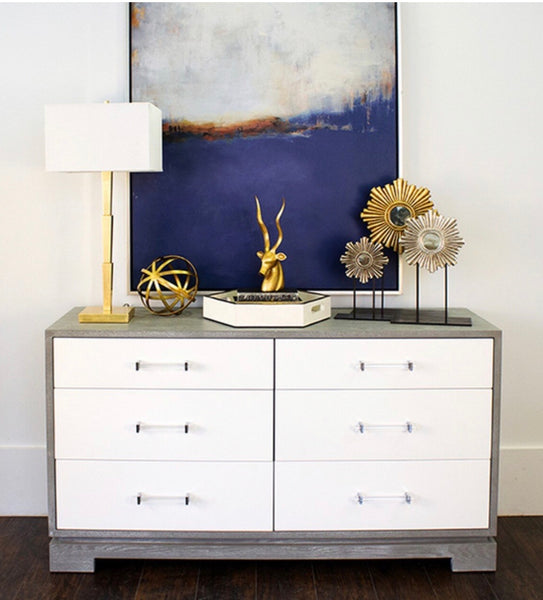 Crawford Mid-Century Modern Six Drawer Chest - Grey Cerused Oak w/Acrylic Handlees