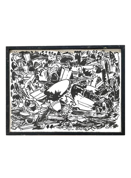 Kermit Oswald Ink On Paper Painting with Original Hand Made Frame