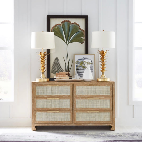 Carla Six Drawer Chest - Cerused Oak, Brass & Cane
