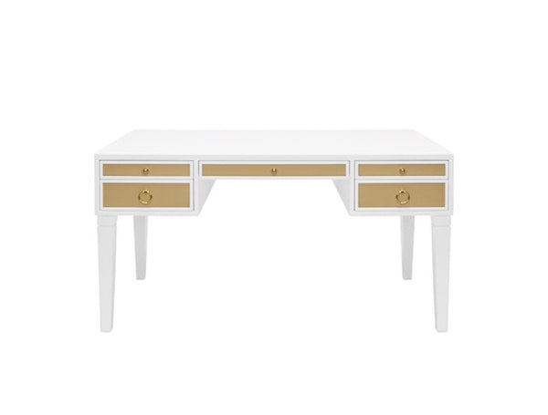 Heidi White Lacquer Desk w/Natural Grasscloth & Brass Pulls