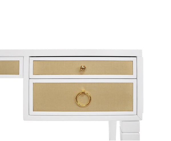 Heidi White Lacquer Desk w/Natural Grasscloth & Brass Pulls