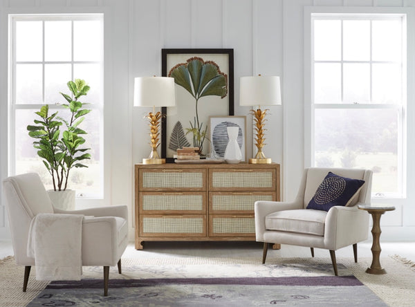 Carla Six Drawer Chest - Matte White Lacquer, Brass & Cane
